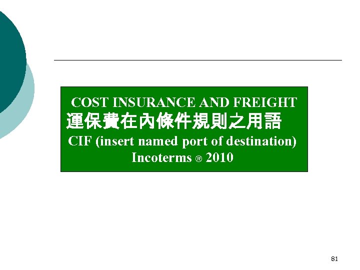 COST INSURANCE AND FREIGHT 運保費在內條件規則之用語 CIF (insert named port of destination) Incoterms ® 2010