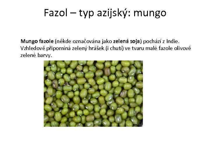 Fazol – typ azijský: mungo Mungo fazole (někde označována jako zelená soja) pochází z