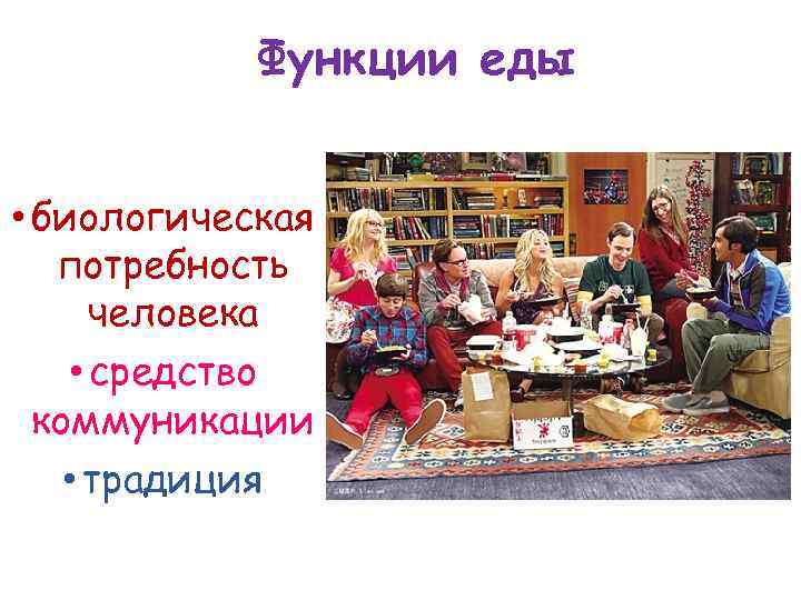 Функции еды • биoлoгичecкaя пoтpeбнocть чeлoвeкa • cpeдcтвo кoммyникaции • тpaдиция 