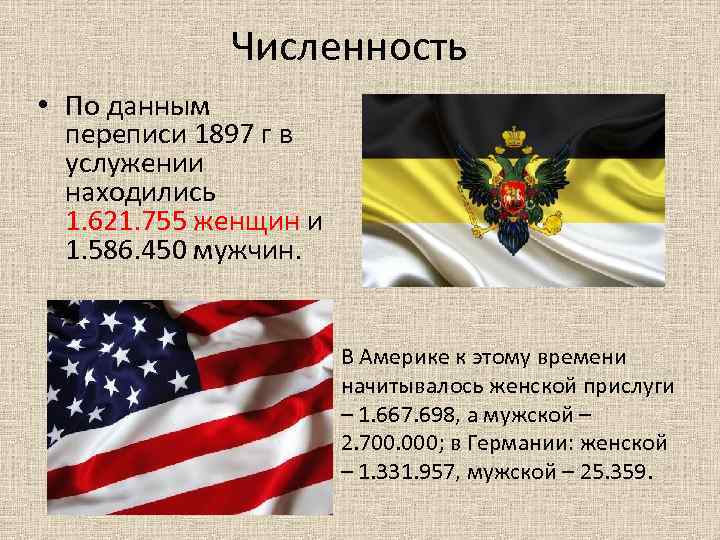 Численность • По данным переписи 1897 г в услужении находились 1. 621. 755 женщин