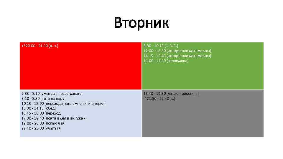 Вторник +*20: 00 - 21: 30 [д. з. ] 8: 30 - 10: 15