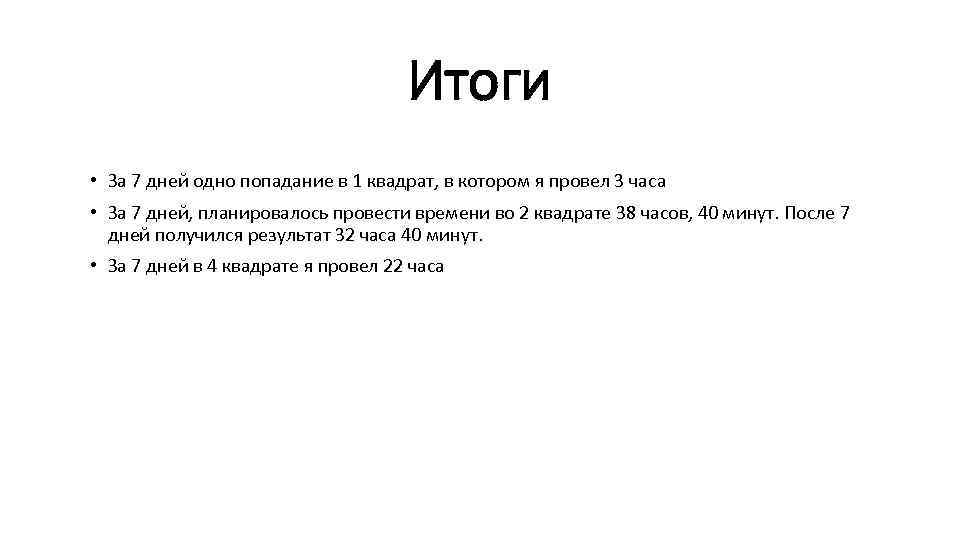 Итоги • За 7 дней одно попадание в 1 квадрат, в котором я провел