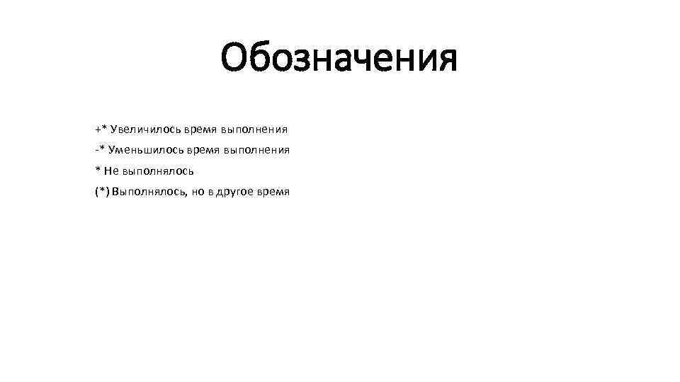 Обозначения +* Увеличилось время выполнения -* Уменьшилось время выполнения * Не выполнялось (*) Выполнялось,