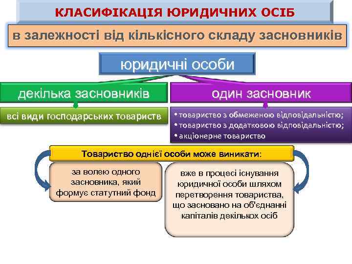 КЛАСИФІКАЦІЯ ЮРИДИЧНИХ ОСІБ в залежності від кількісного складу засновників юридичні особи декілька засновників один