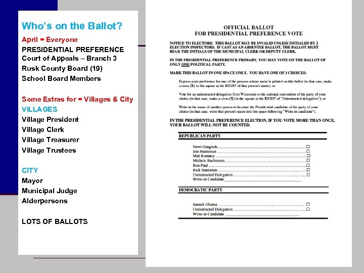 Who’s on the Ballot? April = Everyone PRESIDENTIAL PREFERENCE Court of Appeals – Branch