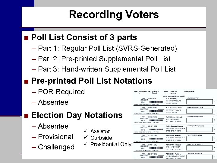 Recording Voters ■ Poll List Consist of 3 parts – Part 1: Regular Poll