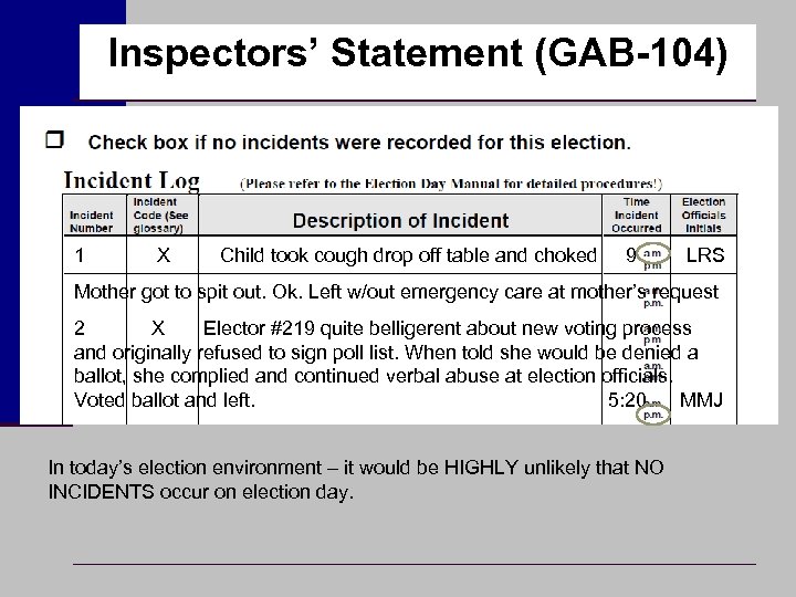 Inspectors’ Statement (GAB-104) 1 X Child took cough drop off table and choked 9