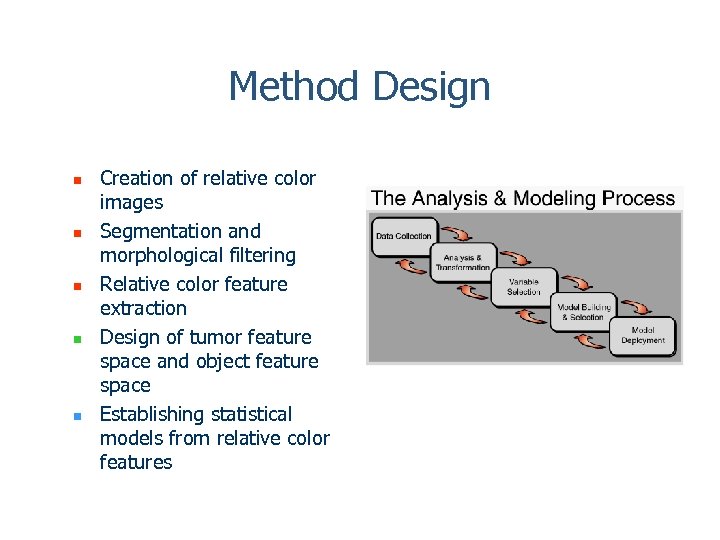 Method Design n n Creation of relative color images Segmentation and morphological filtering Relative