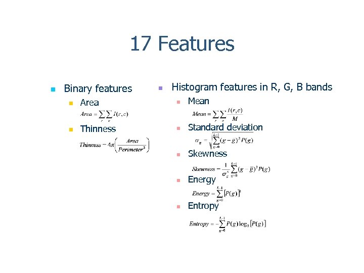 17 Features n Binary features n Histogram features in R, G, B bands n