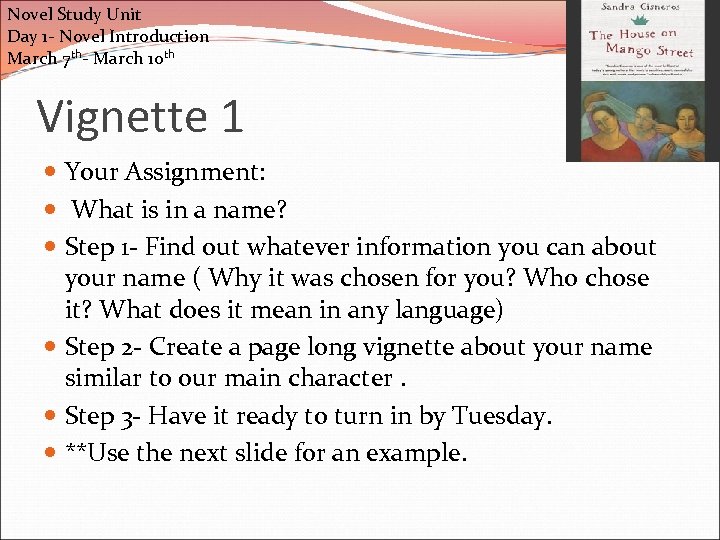 Novel Study Unit Day 1 - Novel Introduction March 7 th- March 10 th