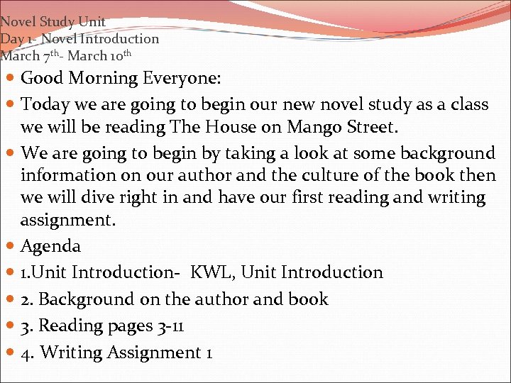 Novel Study Unit Day 1 - Novel Introduction March 7 th- March 10 th