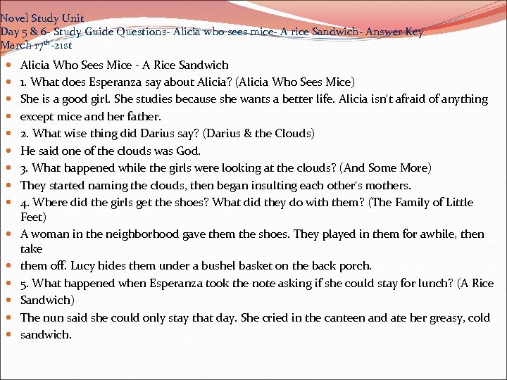 Novel Study Unit Day 5 & 6 - Study Guide Questions- Alicia who sees