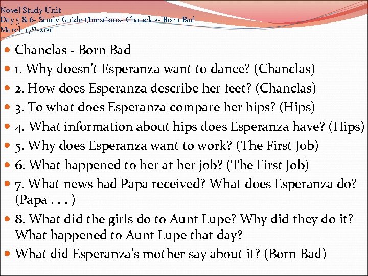 Novel Study Unit Day 5 & 6 - Study Guide Questions- Chanclas- Born Bad