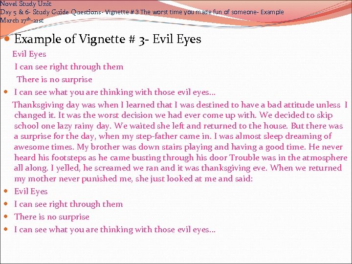 Novel Study Unit Day 5 & 6 - Study Guide Questions- Vignette # 3