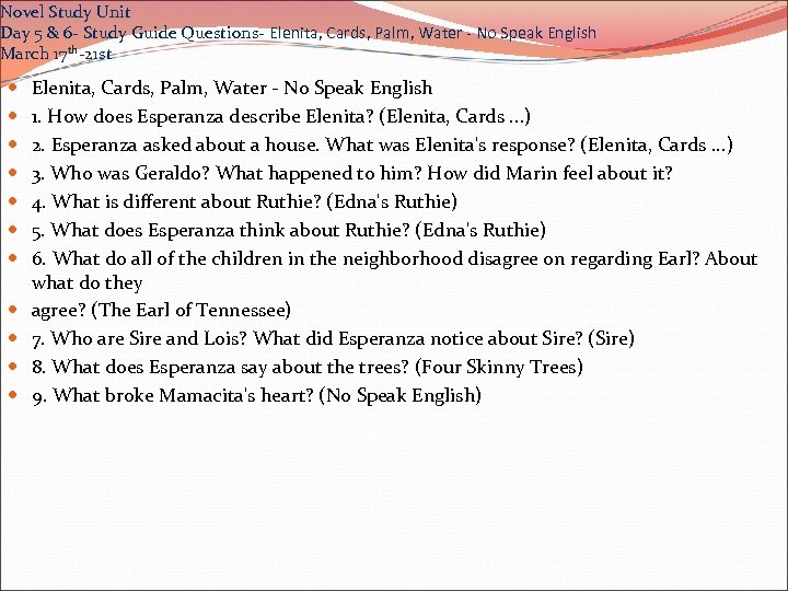 Novel Study Unit Day 5 & 6 - Study Guide Questions- Elenita, Cards, Palm,