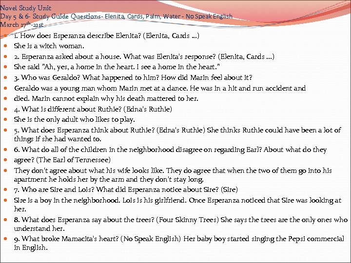Novel Study Unit Day 5 & 6 - Study Guide Questions- Elenita, Cards, Palm,
