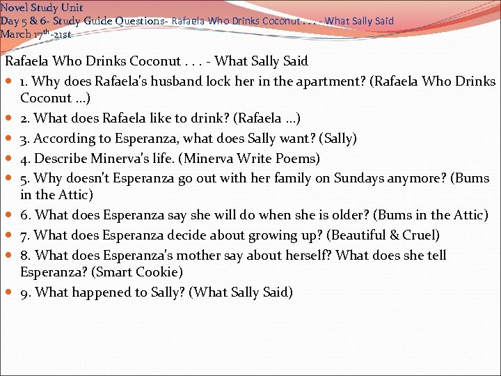 Novel Study Unit Day 5 & 6 - Study Guide Questions- Rafaela Who Drinks