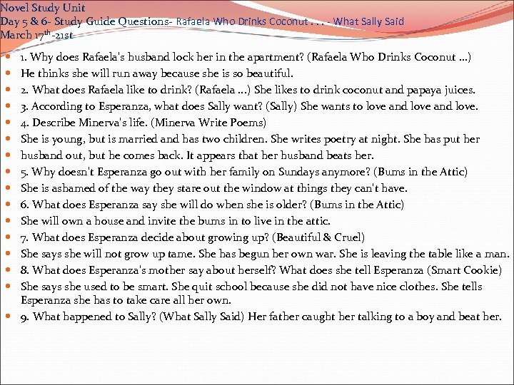 Novel Study Unit Day 5 & 6 - Study Guide Questions- Rafaela Who Drinks