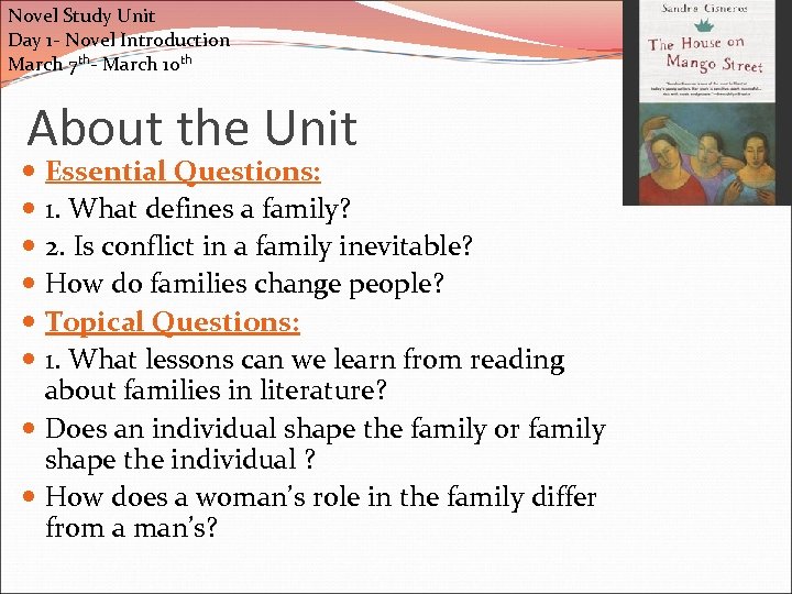 Novel Study Unit Day 1 - Novel Introduction March 7 th- March 10 th