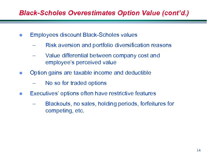 Black-Scholes Overestimates Option Value (cont’d. ) l Employees discount Black-Scholes values – – l