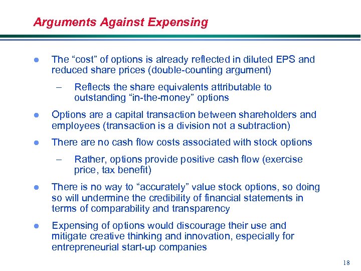 Arguments Against Expensing l The “cost” of options is already reflected in diluted EPS