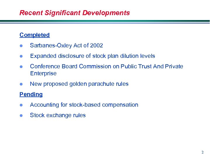 Recent Significant Developments Completed l Sarbanes-Oxley Act of 2002 l Expanded disclosure of stock