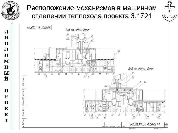 Расположение механизмов в машинном отделении теплохода проекта 3. 1721 Д И П Л О