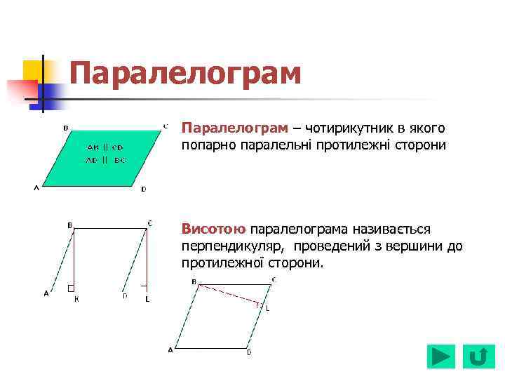 Паралелограм – чотирикутник в якого попарно паралельні протилежні сторони Висотою паралелограма називається перпендикуляр, проведений