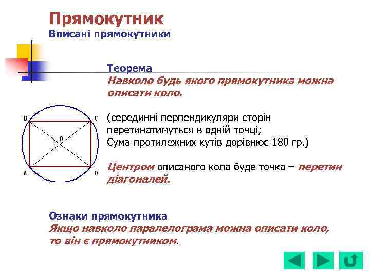 Прямокутник Вписані прямокутники Теорема Навколо будь якого прямокутника можна описати коло. (серединні перпендикуляри сторін