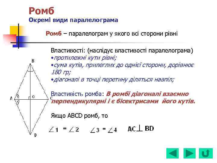 Ромб Окремі види паралелограма Ромб – паралелограм у якого всі сторони рівні Властивості: (наслідує