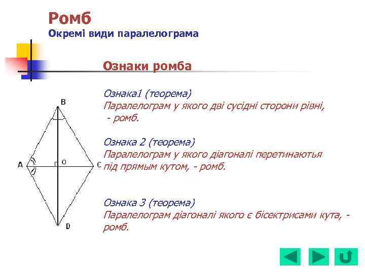 Ромб Окремі види паралелограма Ознаки ромба Ознака 1 (теорема) Паралелограм у якого дві сусідні