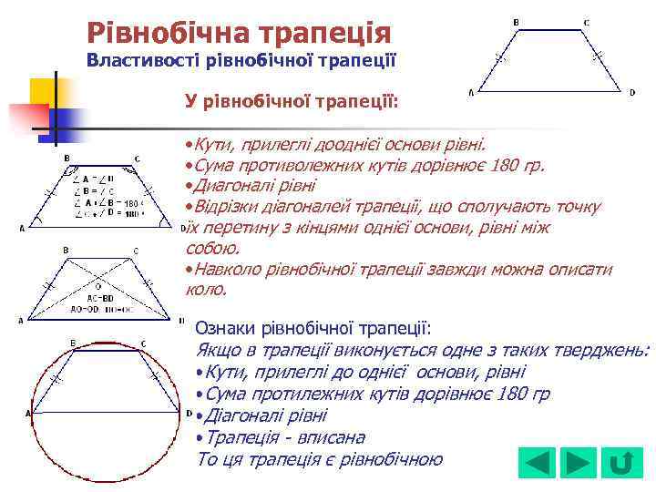 Рівнобічна трапеція Властивості рівнобічної трапеції У рівнобічної трапеції: • Кути, прилеглі дооднієї основи рівні.