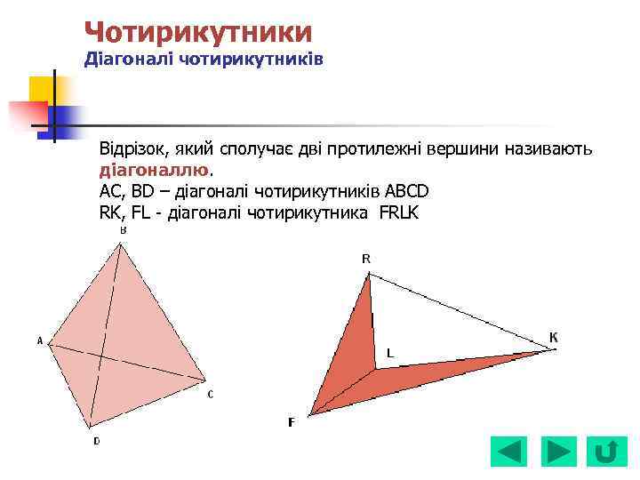 Чотирикутники Діагоналі чотирикутників Відрізок, який сполучає дві протилежні вершини називають діагоналлю. AC, BD –