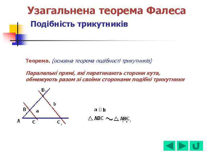 Узагальнена теорема Фалеса Подібність трикутників Теорема. (основна теорема подібності трикутників) Паралельні прямі, які перетинають