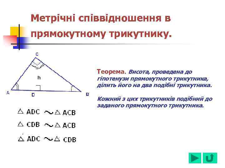 Метрічні співвідношення в прямокутному трикутнику. Теорема. Висота, проведена до гіпотенузи прямокутного трикутника, ділить його