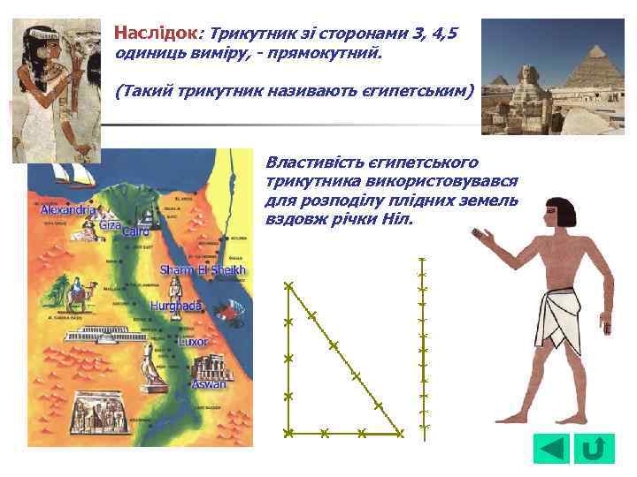 Наслідок: Трикутник зі сторонами 3, 4, 5 одиниць виміру, - прямокутний. (Такий трикутник називають
