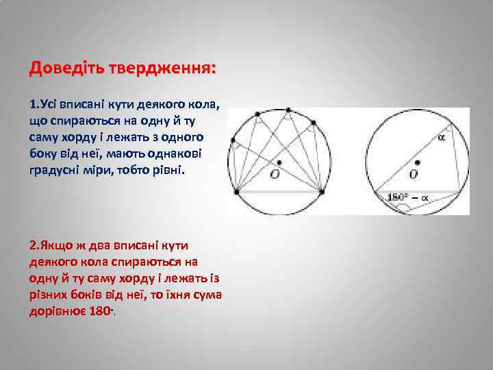 Доведіть твердження: 1. Усі вписані кути деякого кола, що спираються на одну й ту