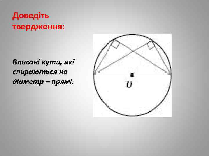 Доведіть твердження: Вписані кути, які спираються на діаметр – прямі. 