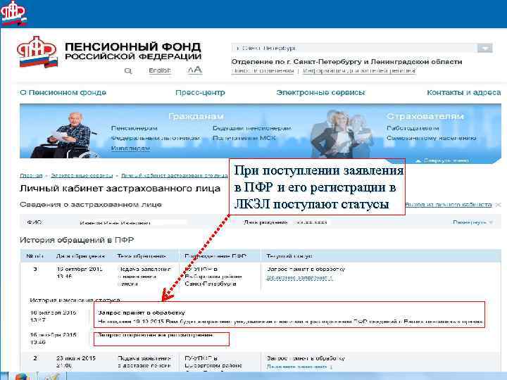При поступлении заявления в ПФР и его регистрации в ЛКЗЛ поступают статусы 8 