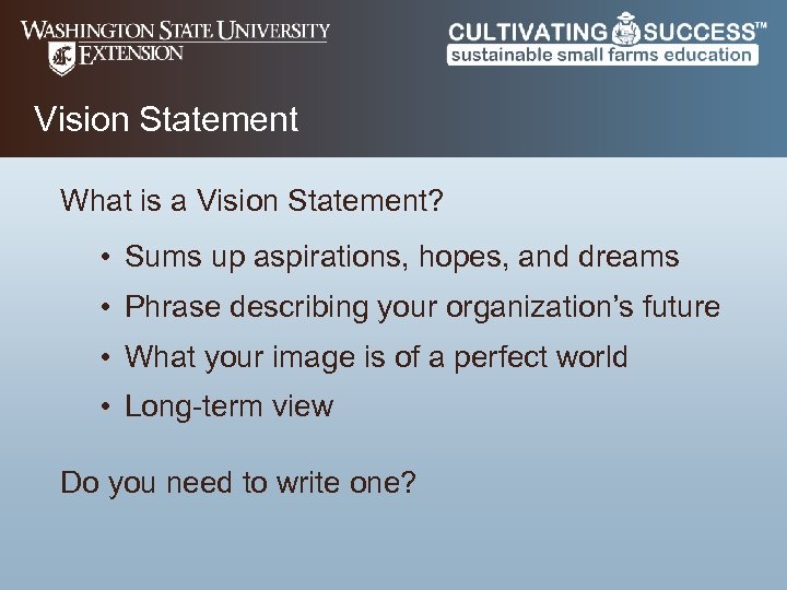 Vision Statement What is a Vision Statement? • Sums up aspirations, hopes, and dreams