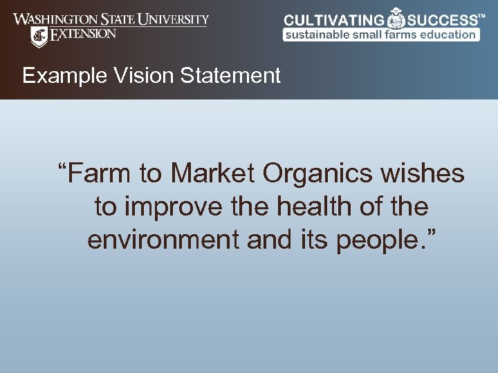 Example Vision Statement “Farm to Market Organics wishes to improve the health of the