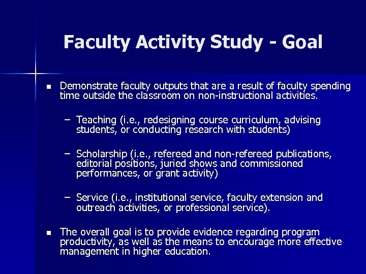 Faculty Activity Study - Goal n Demonstrate faculty outputs that are a result of