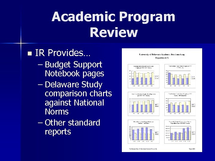 Academic Program Review n IR Provides… – Budget Support Notebook pages – Delaware Study