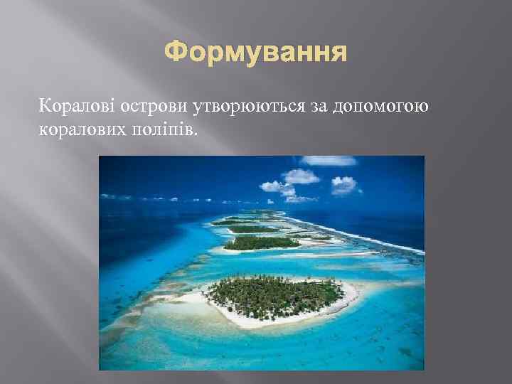 Формування Коралові острови утворюються за допомогою коралових поліпів. 