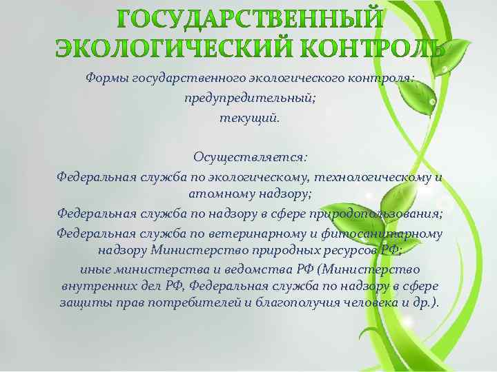 Формы государственного экологического контроля: предупредительный; текущий. Осуществляется: Федеральная служба по экологическому, технологическому и атомному