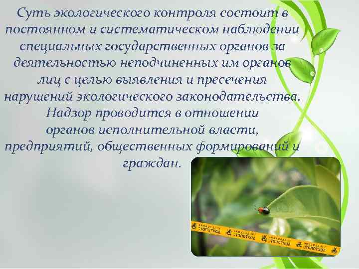 Суть экологического контроля состоит в постоянном и систематическом наблюдении специальных государственных органов за деятельностью