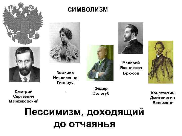 СИМВОЛИЗМ Вале рий Яковлевич Брюсов Зинаида Николаевна Гиппиус Дмитрий Сергеевич Мережковский . Фёдор Сологуб