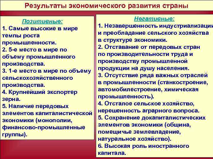 Результаты экономического развития страны Позитивные: 1. Самые высокие в мире темпы роста промышленности. 2.