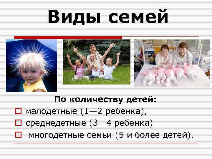 Виды семей По количеству детей: o малодетные (1— 2 ребенка), o среднедетные (3— 4