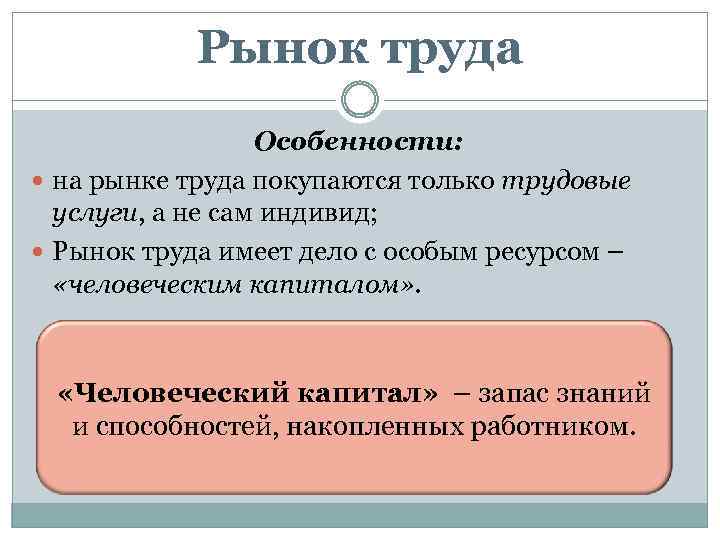 Рынок труда Особенности: на рынке труда покупаются только трудовые услуги, а не сам индивид;